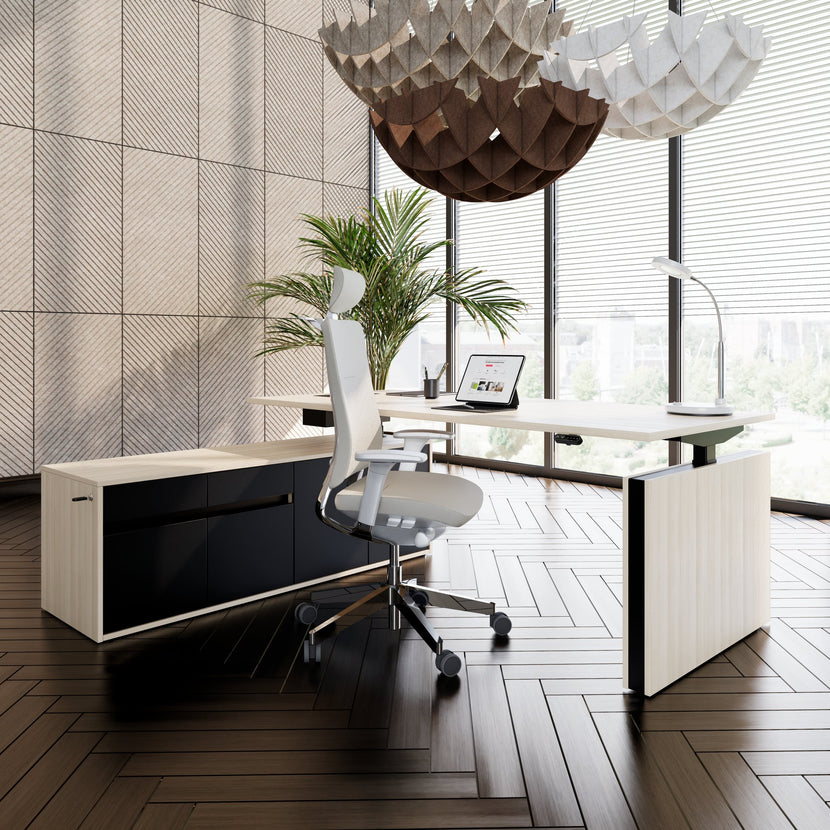MOTION 2 motor desk with sideboard | Electrically height adjustable, 2000 x 1800 mm, sand ash