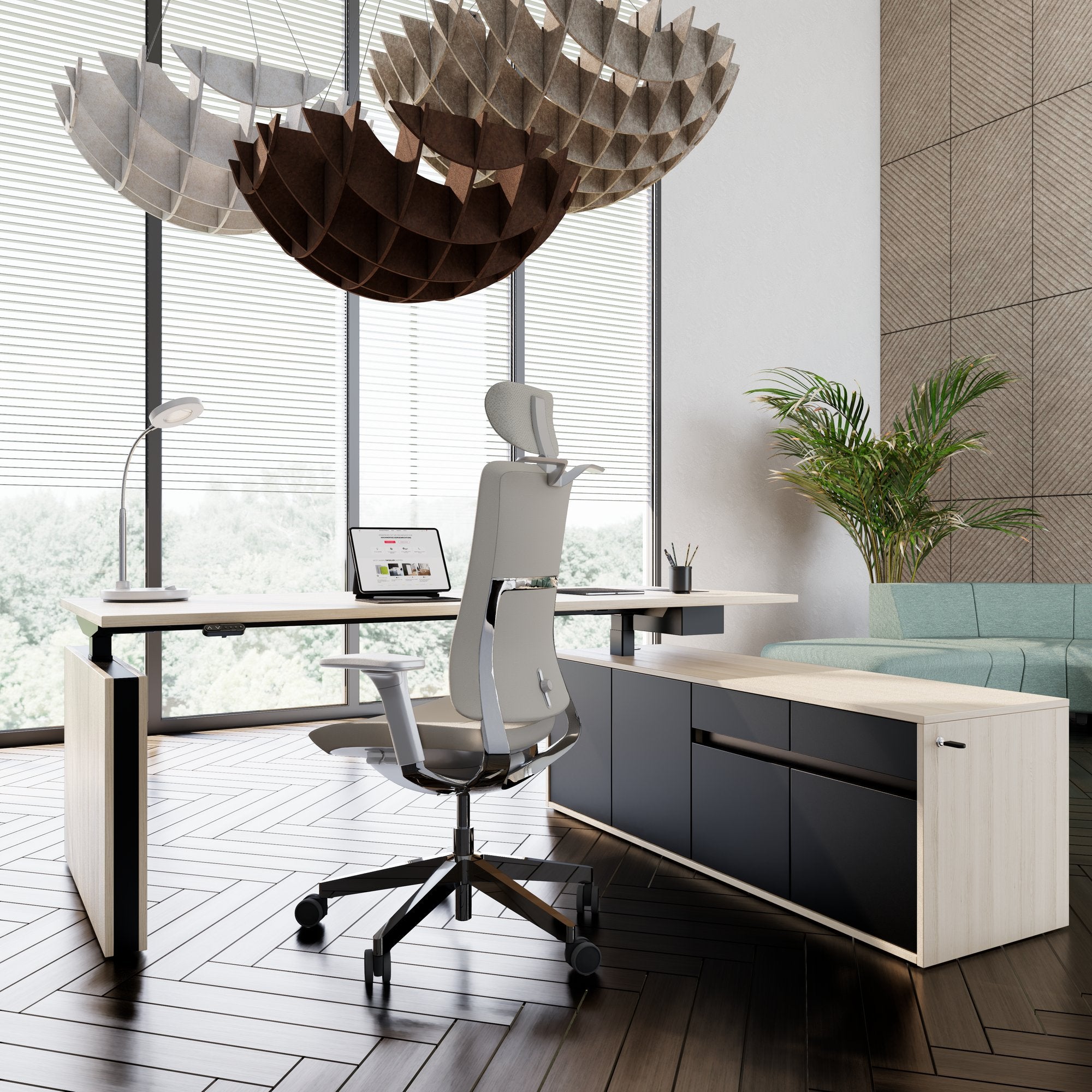 MOTION 2 motor desk with sideboard | Electrically height adjustable, 2000 x 1800 mm, sand ash