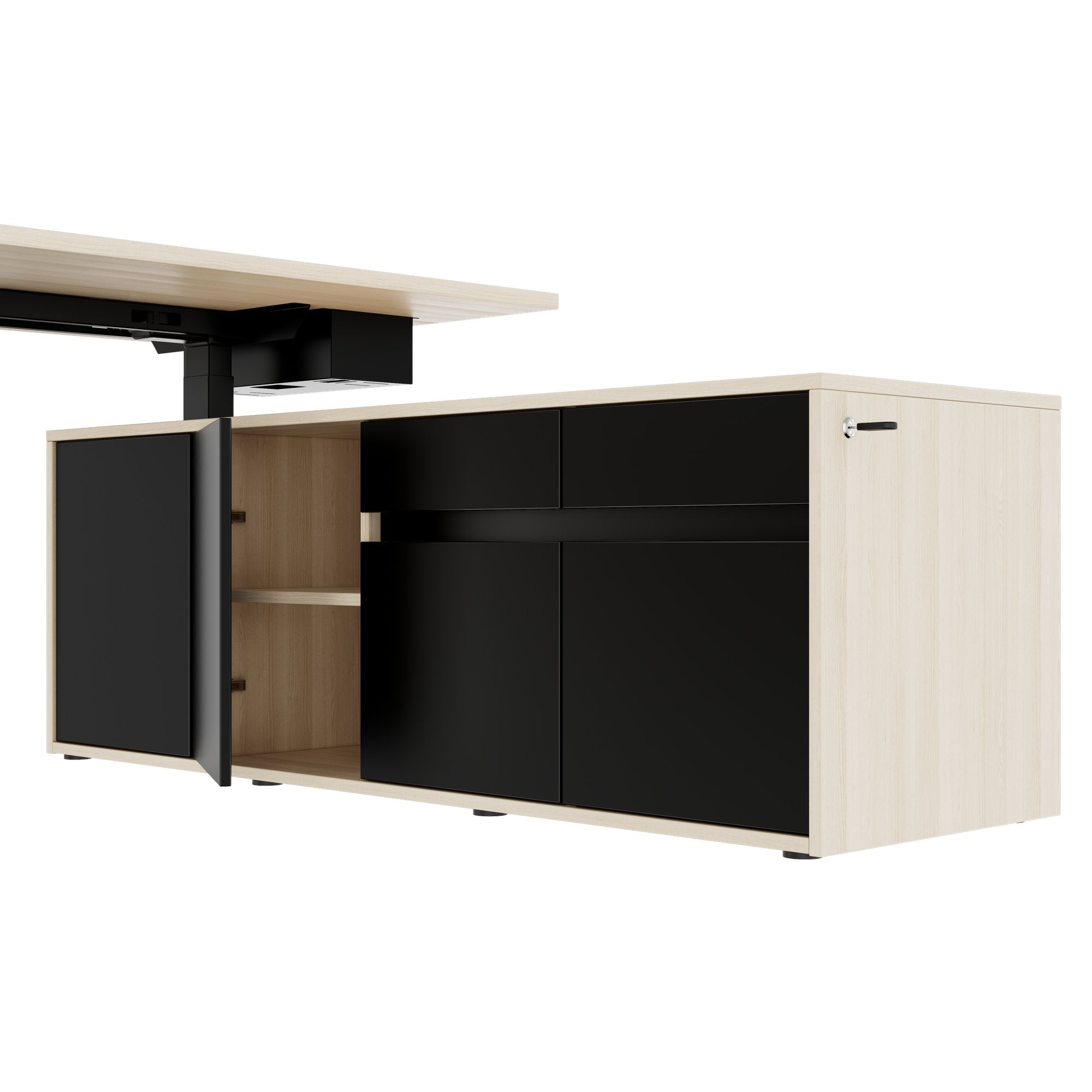 MOTION 2 motor desk with sideboard | Electrically height adjustable, 2000 x 1800 mm, sand ash