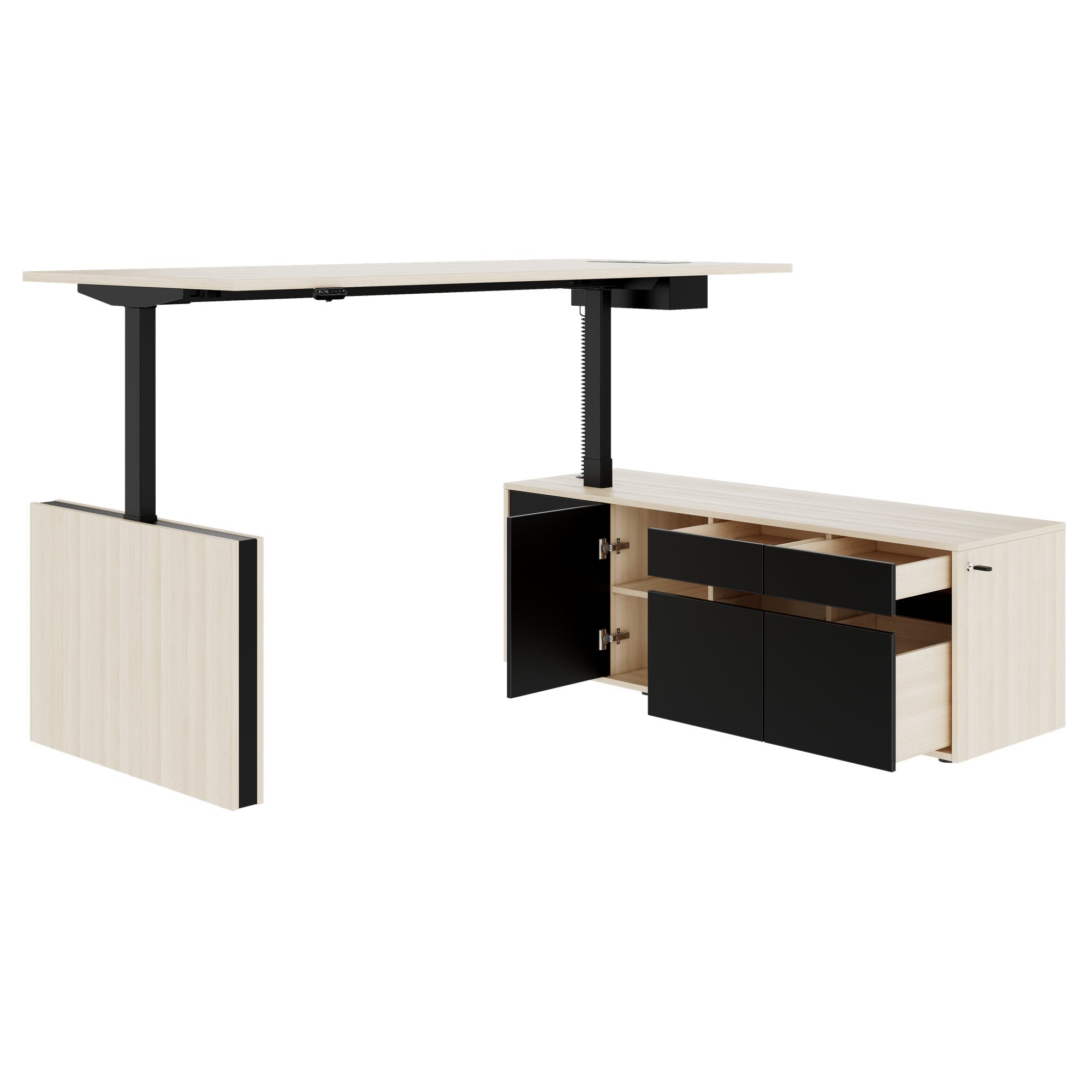 MOTION 2 motor desk with sideboard | Electrically height adjustable, 2000 x 1800 mm, sand ash