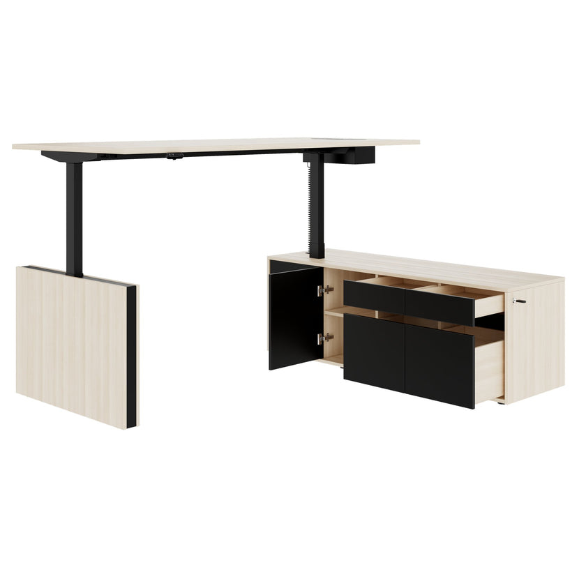 MOTION 2 motor desk with sideboard | Electrically height adjustable, 2000 x 1800 mm, sand ash