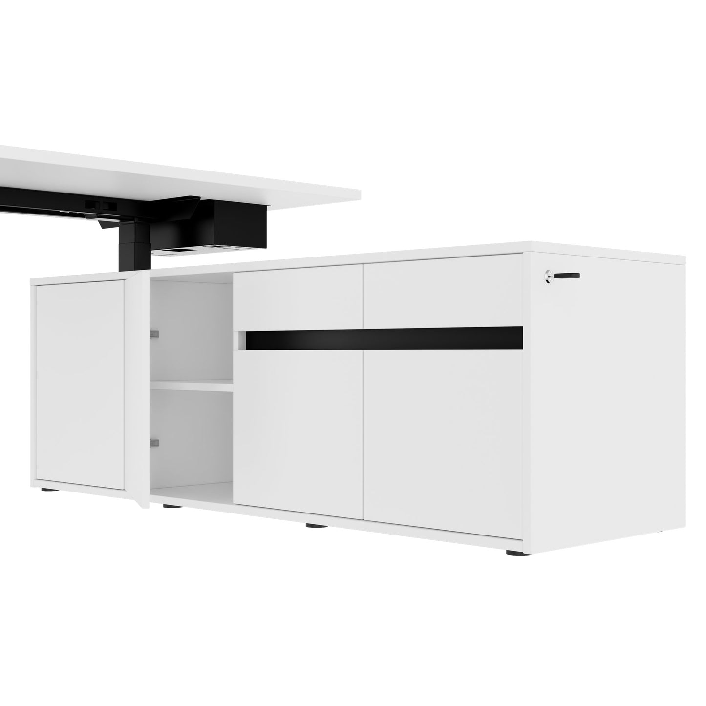 MOTION Desk a 2 motori con sideboard | Regolabile elettricamente in altezza, 2000 x 1800 mm, bianco