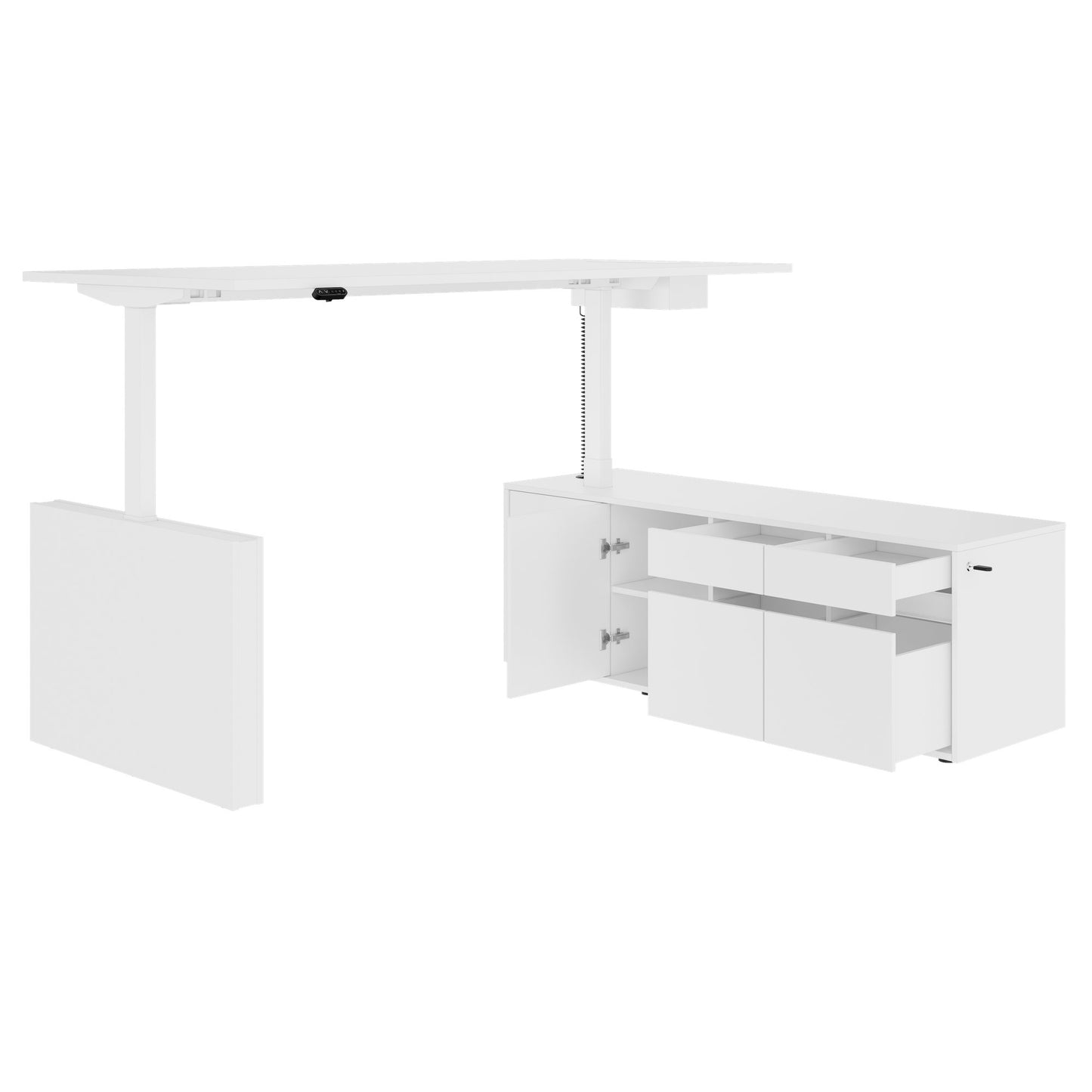 MOTION Desk a 2 motori con sideboard | Regolabile elettricamente in altezza, 2000 x 1800 mm, bianco