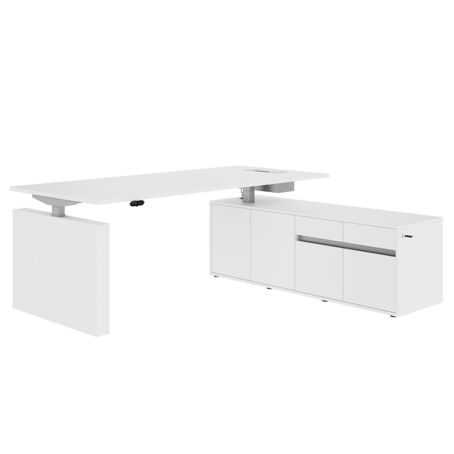 MOTION Desk a 2 motori con sideboard | Regolabile elettricamente in altezza, 2000 x 1800 mm, bianco