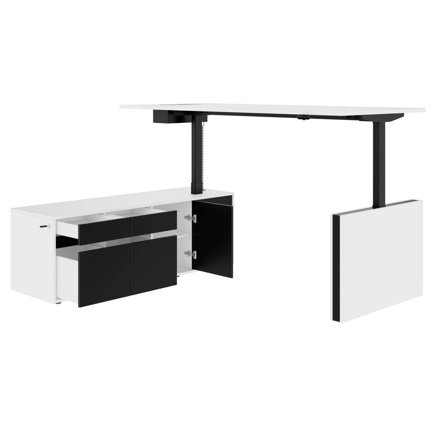MOTION Desk a 2 motori con sideboard | Regolabile elettricamente in altezza, 2000 x 1800 mm, bianco