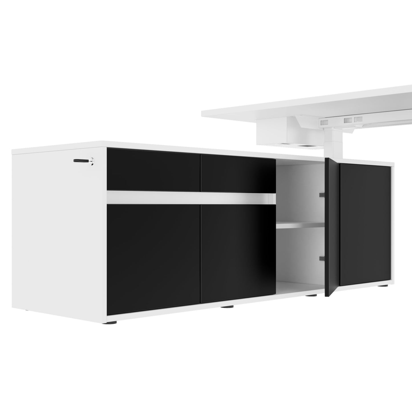 MOTION Desk a 2 motori con sideboard | Regolabile elettricamente in altezza, 2000 x 1800 mm, bianco