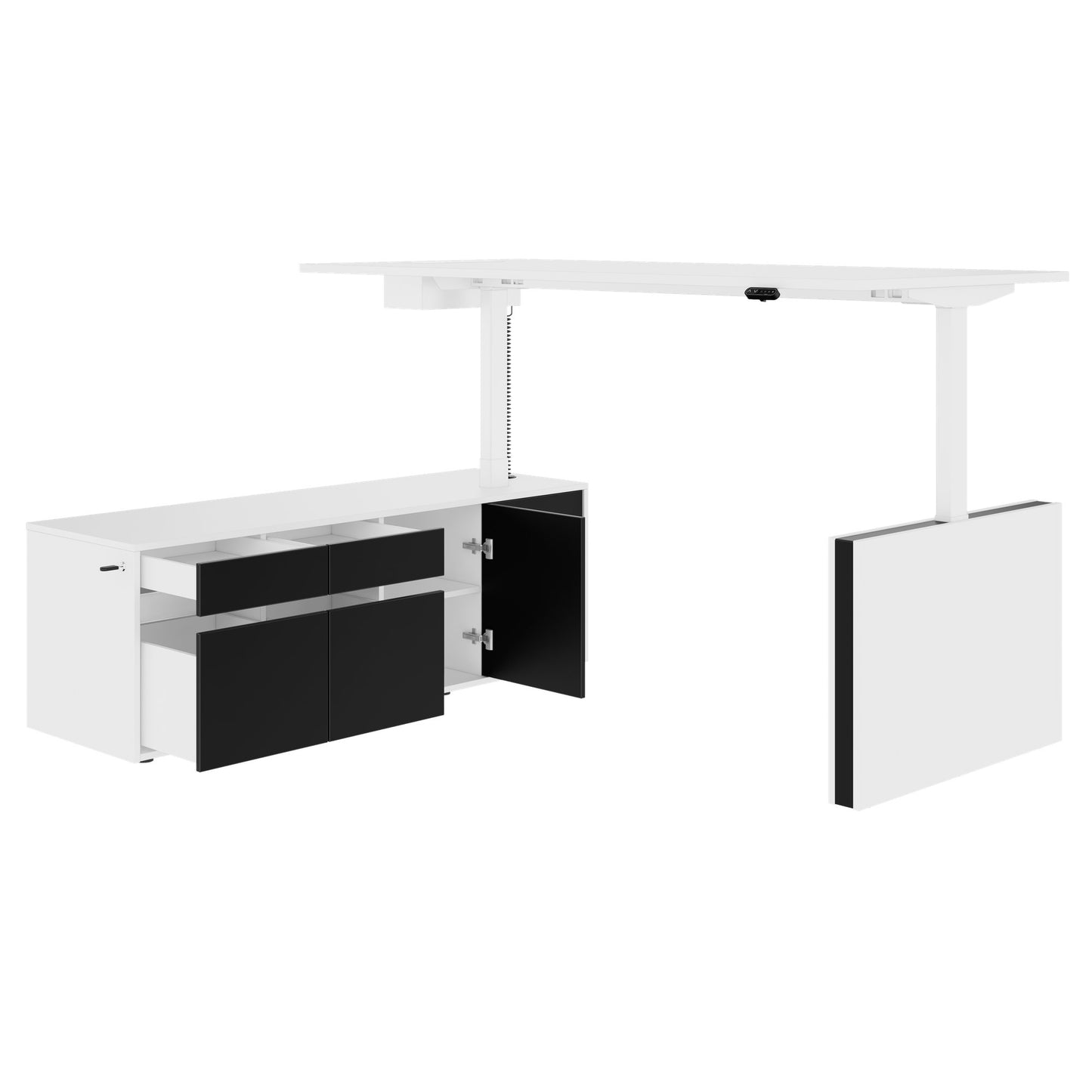 MOTION Desk a 2 motori con sideboard | Regolabile elettricamente in altezza, 2000 x 1800 mm, bianco