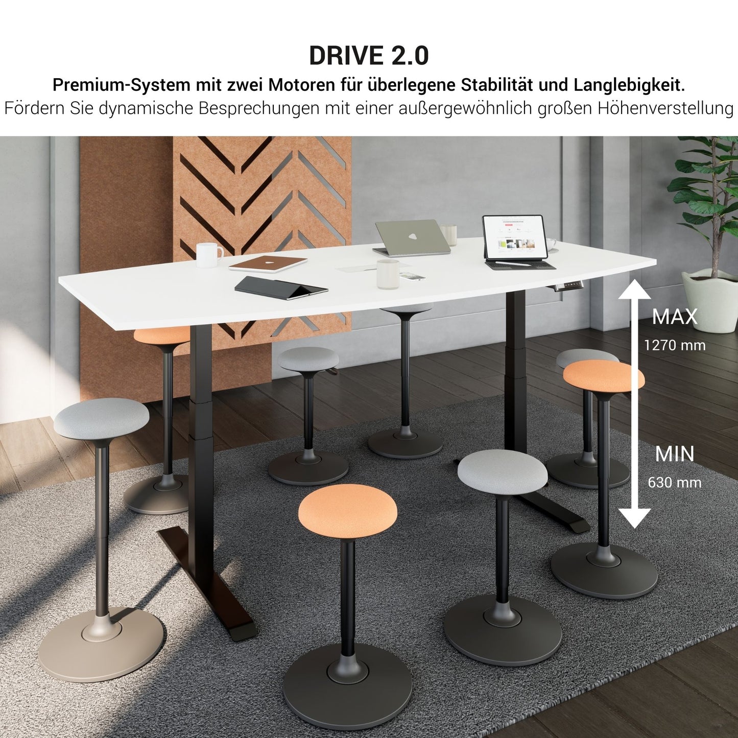 DRIVE 2 motor conference table | Boat shape, 1800 - 2000 mm (6 - 8 people), electrically height adjustable, pearl gray