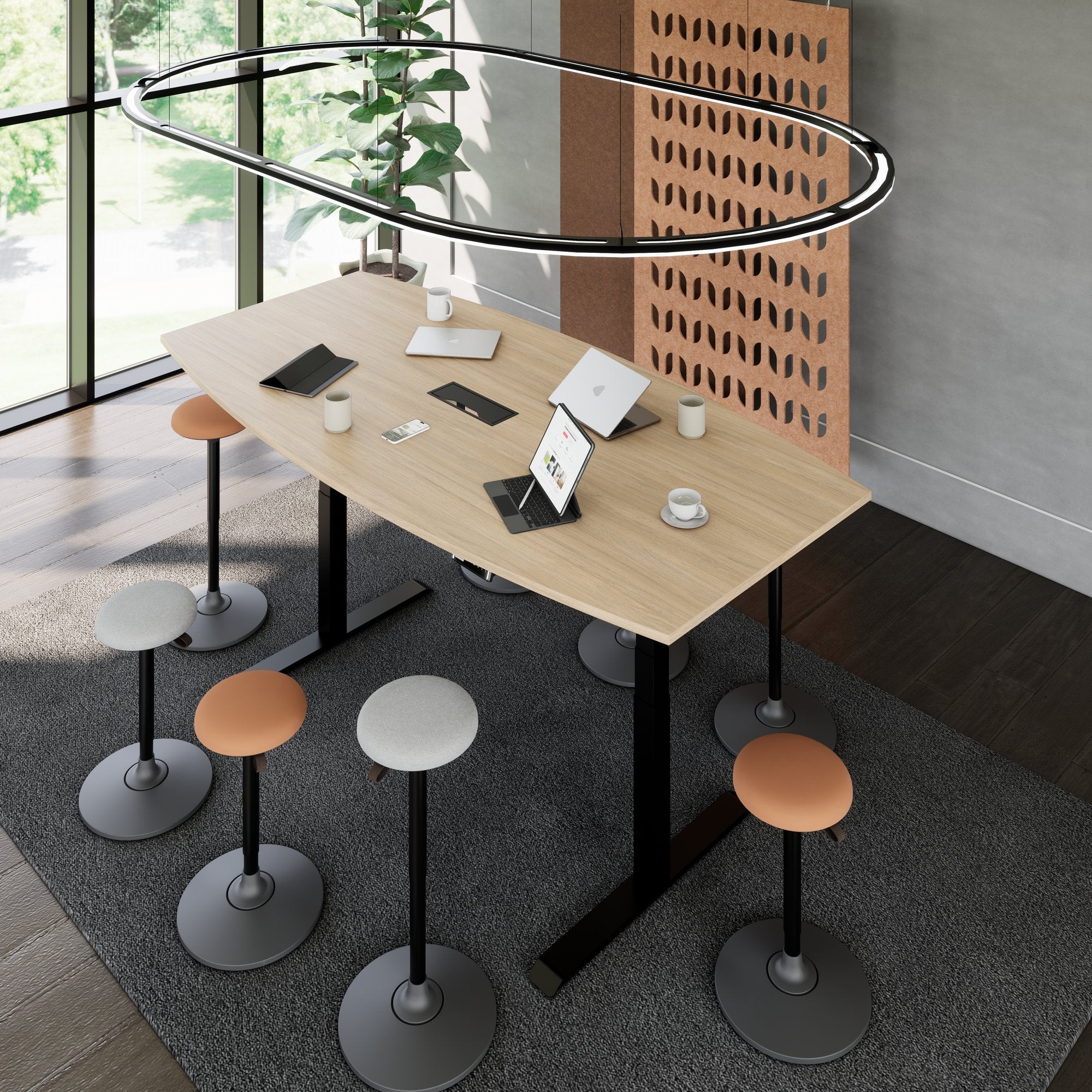 DRIVE 2 motor conference table | Boat shape, 1800 - 2400 mm (6 - 10 people), electrically height adjustable, cable flap optional, amber oak