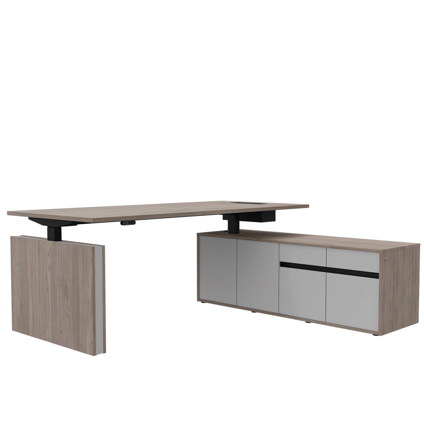 Bureau motorisé MOTION 2 avec buffet | Hauteur réglable électriquement, 2000 x 1800 mm, chêne du nord gris