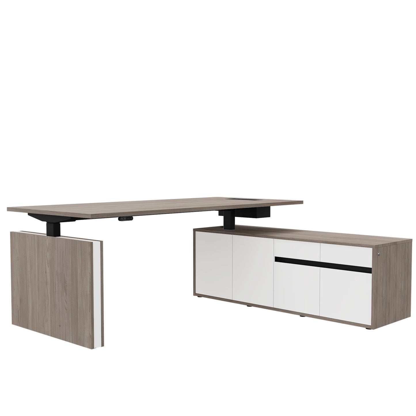 Bureau motorisé MOTION 2 avec buffet | Hauteur réglable électriquement, 2000 x 1800 mm, chêne du nord gris