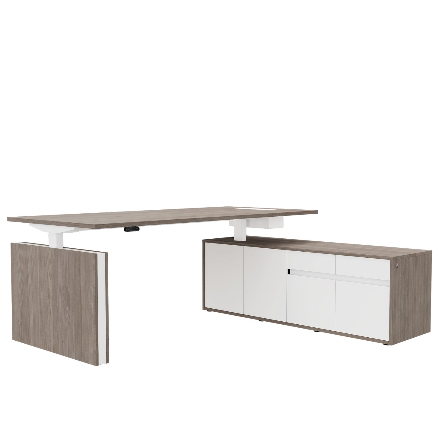 Bureau motorisé MOTION 2 avec buffet | Hauteur réglable électriquement, 2000 x 1800 mm, chêne du nord gris