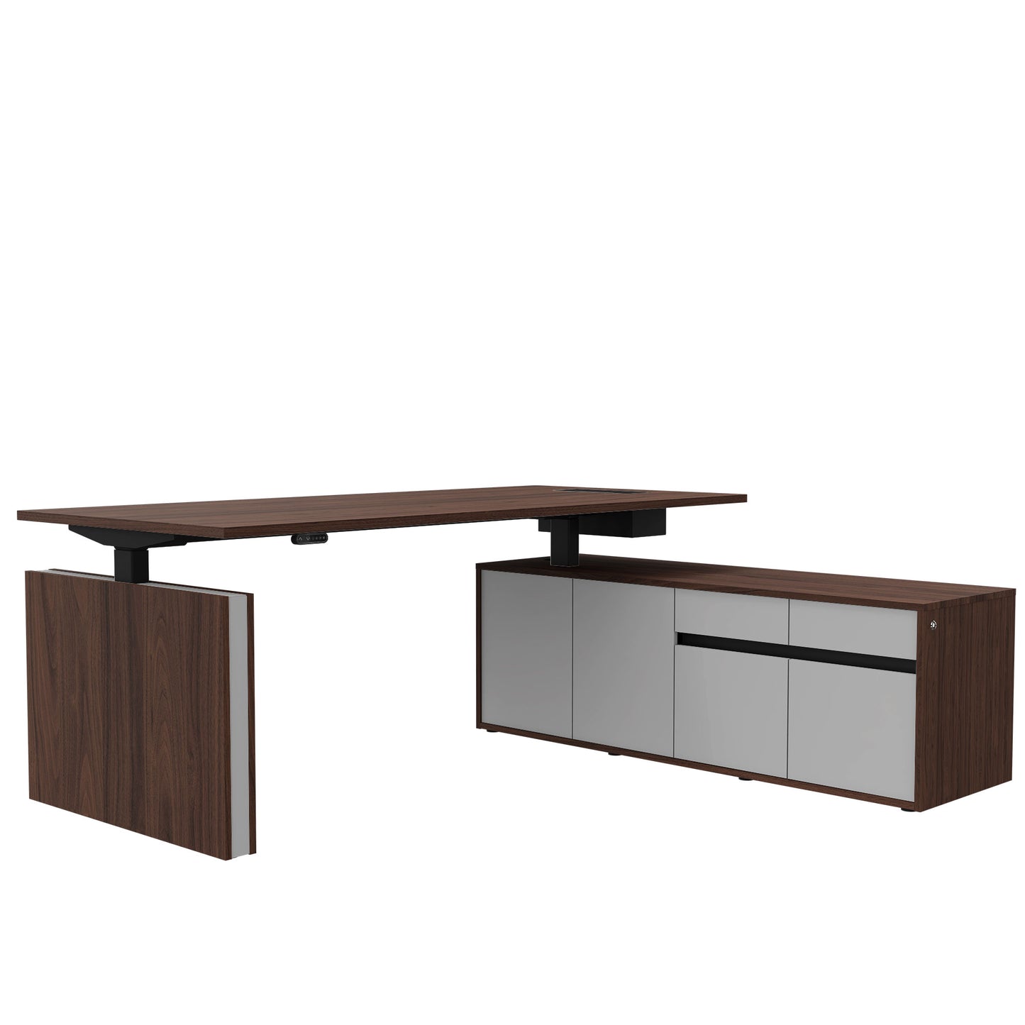 Bureau motorisé MOTION 2 avec buffet | Hauteur réglable électriquement, 2000 x 1800 mm, noyer