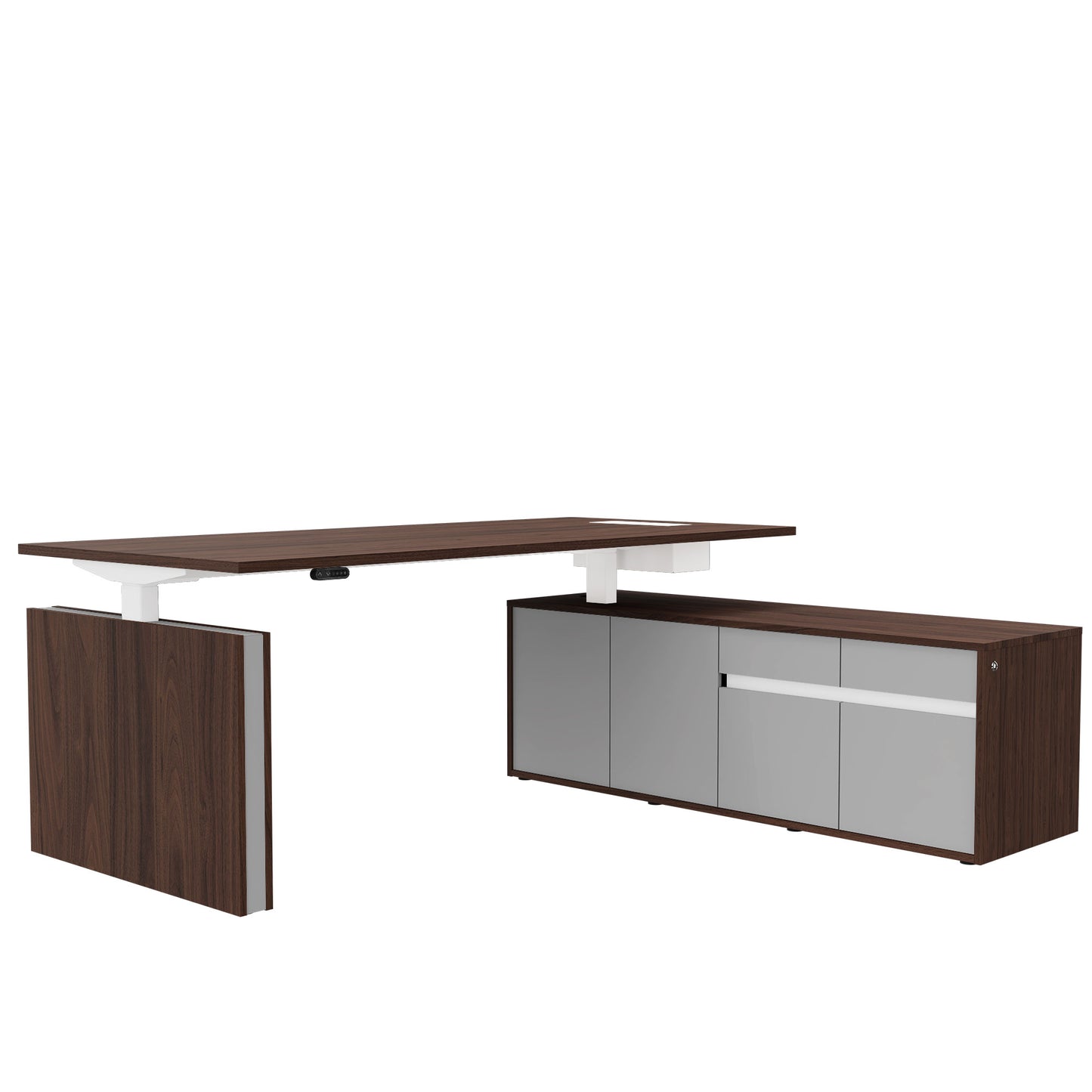 Bureau motorisé MOTION 2 avec buffet | Hauteur réglable électriquement, 2000 x 1800 mm, noyer