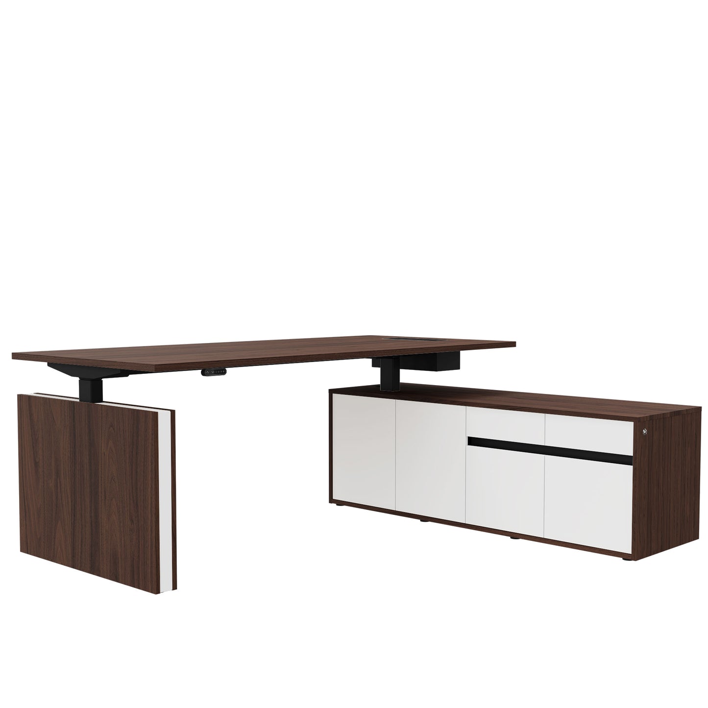 Bureau motorisé MOTION 2 avec buffet | Hauteur réglable électriquement, 2000 x 1800 mm, noyer