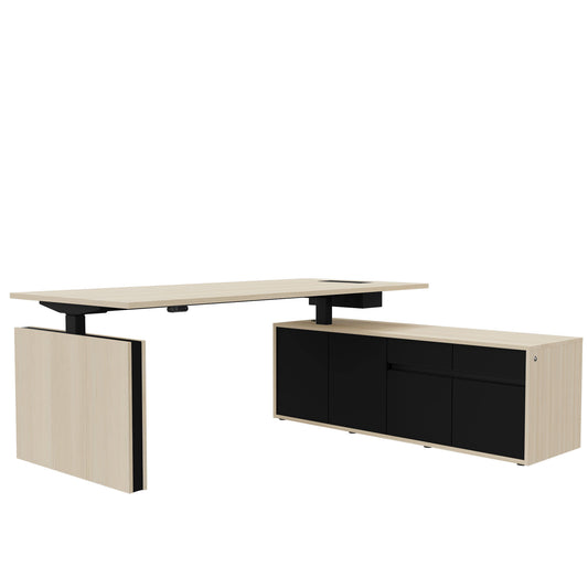 MOTION 2 motor desk with sideboard | Electrically height adjustable, 2000 x 1800 mm, sand ash