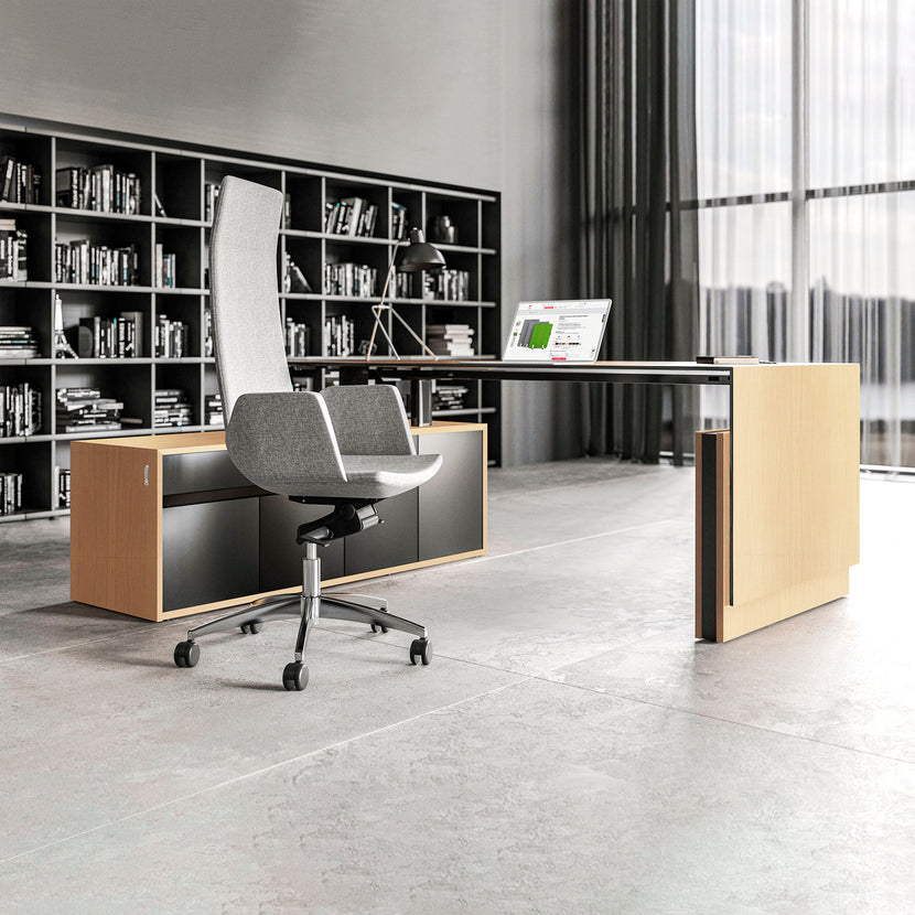 MOTION Bureau à 2 moteurs avec buffet | Réglable à hauteur électrique, 2000 x 1800 mm, placage à l'érable