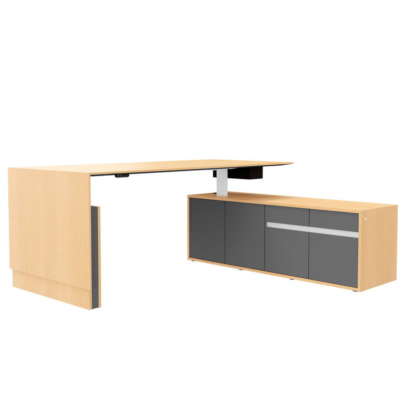 MOTION Bureau à 2 moteurs avec buffet | Réglable à hauteur électrique, 2000 x 1800 mm, placage à l'érable