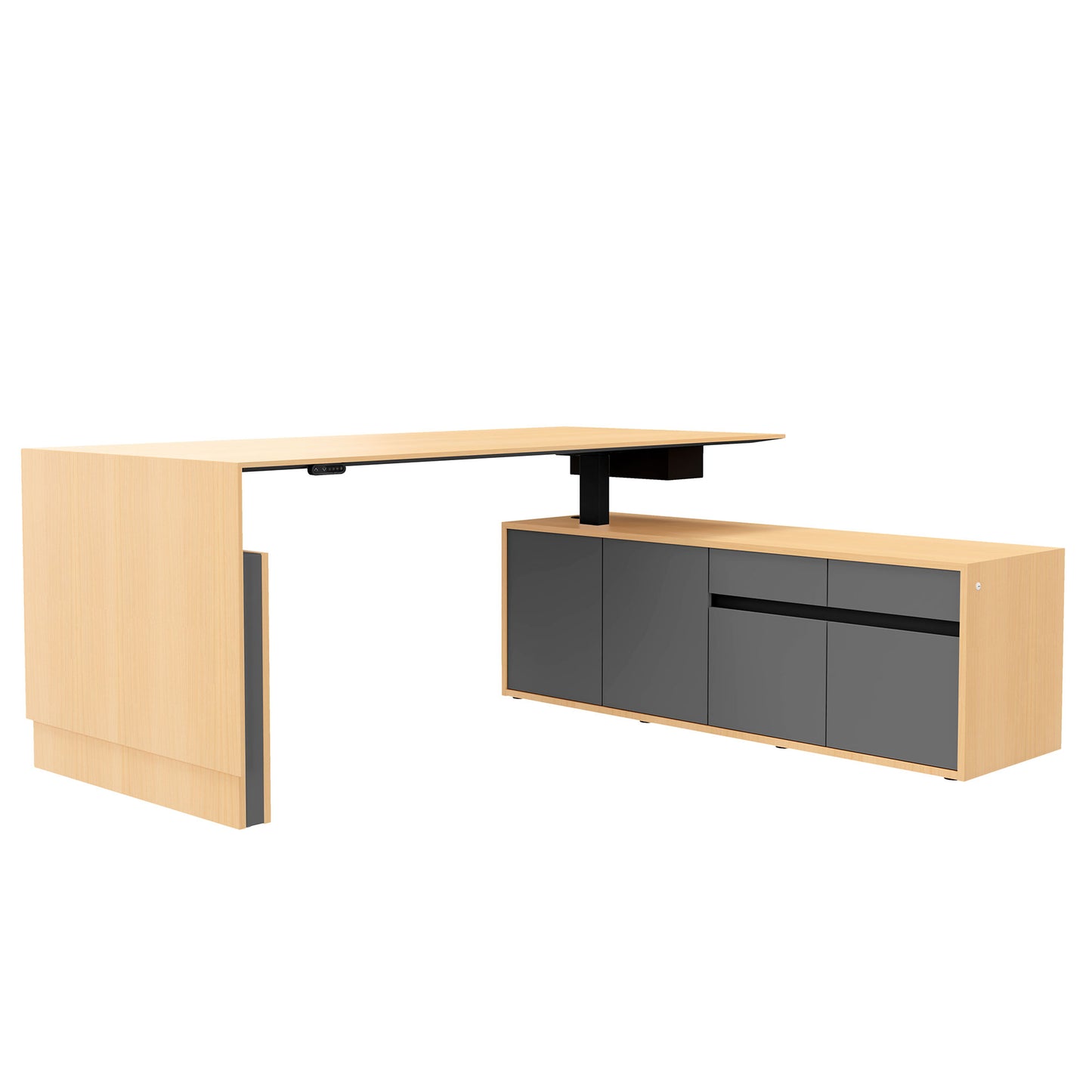 MOTION 2-Motoren-Schreibtisch mit Sideboard | Elektrisch höhenverstellbar, 2000 x 1800 mm, Ahorn Furnier