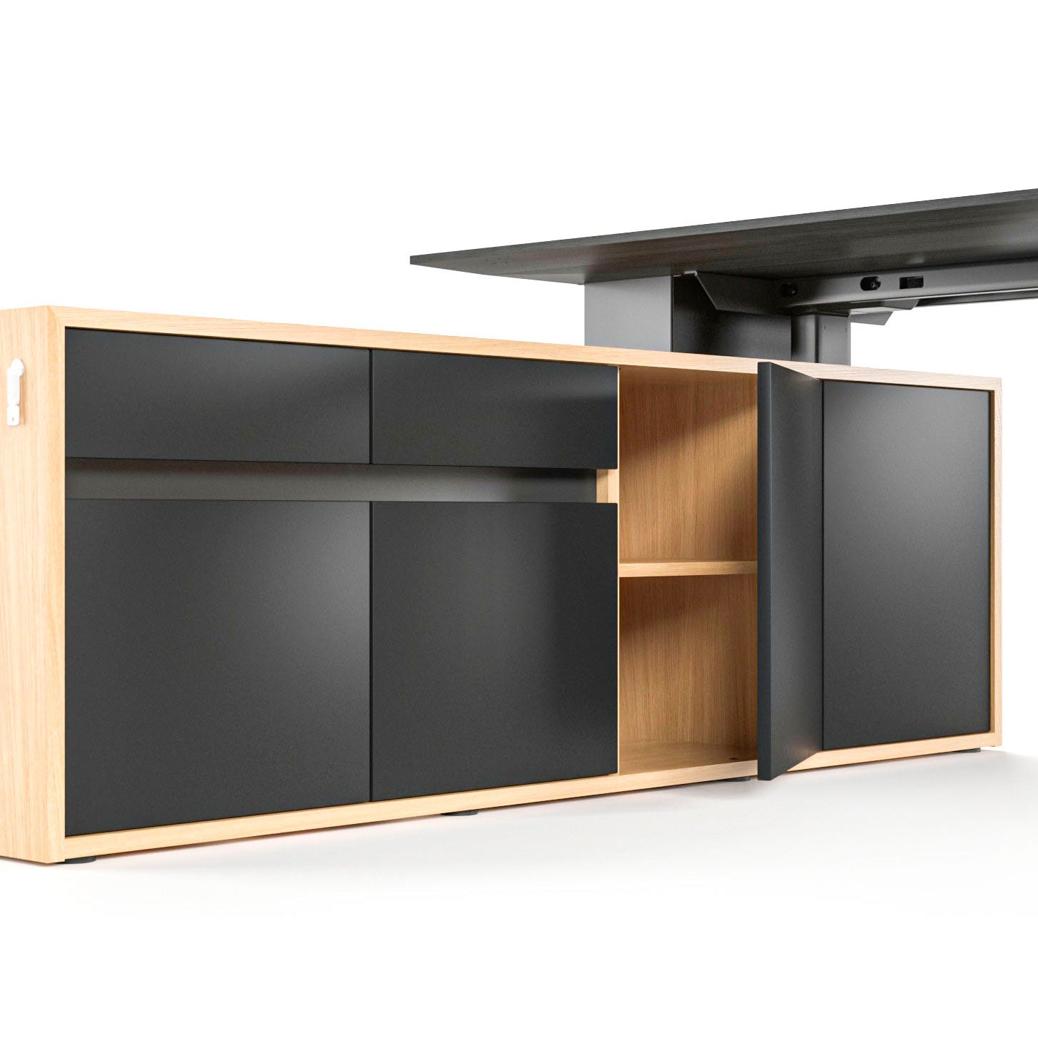 MOTION Bureau à 2 moteurs avec buffet | Réglable à hauteur électrique, 2000 x 1800 mm, placage à l'érable