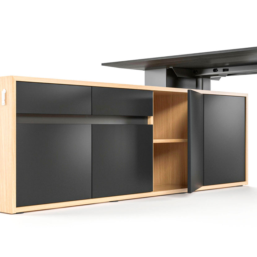 MOTION Bureau à 2 moteurs avec buffet | Réglable à hauteur électrique, 2000 x 1800 mm, placage à l'érable