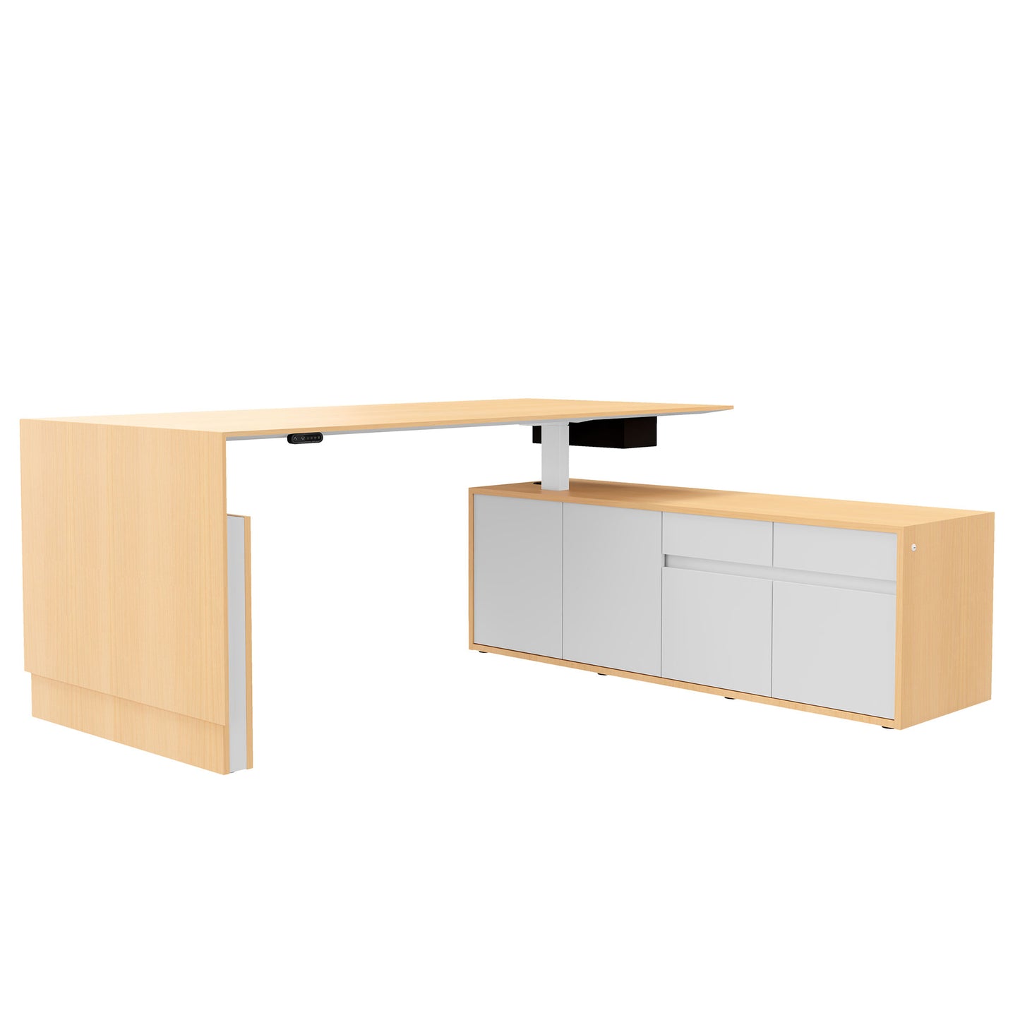 MOTION 2-Motoren-Schreibtisch mit Sideboard | Elektrisch höhenverstellbar, 2000 x 1800 mm, Ahorn Furnier