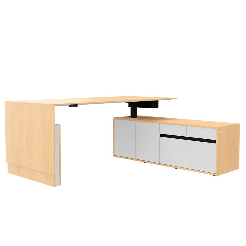MOTION Bureau à 2 moteurs avec buffet | Réglable à hauteur électrique, 2000 x 1800 mm, placage à l'érable