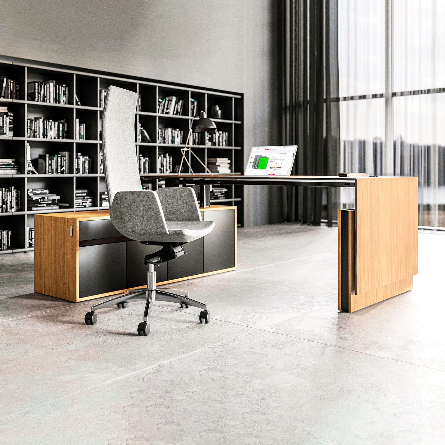 Motion 2-Motor Desk con sideboard | Regolabile elettricamente in altezza, 2000 x 1800 mm, impiallacciatura di quercia