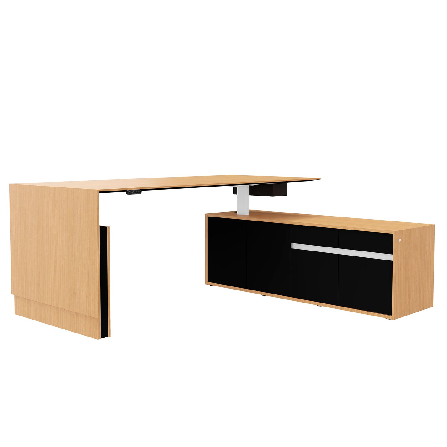 Motion 2-Motor Desk con sideboard | Regolabile elettricamente in altezza, 2000 x 1800 mm, impiallacciatura di quercia