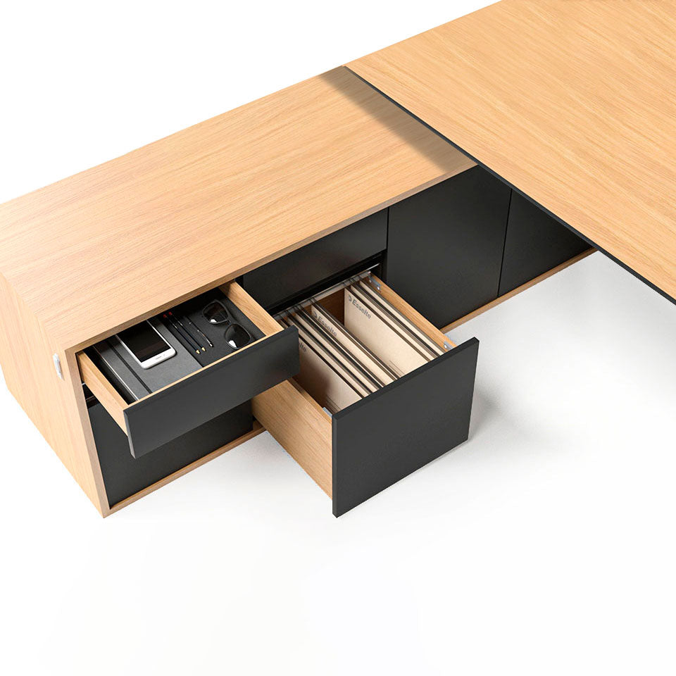 Motion 2-Motor Desk con sideboard | Regolabile elettricamente in altezza, 2000 x 1800 mm, impiallacciatura di quercia