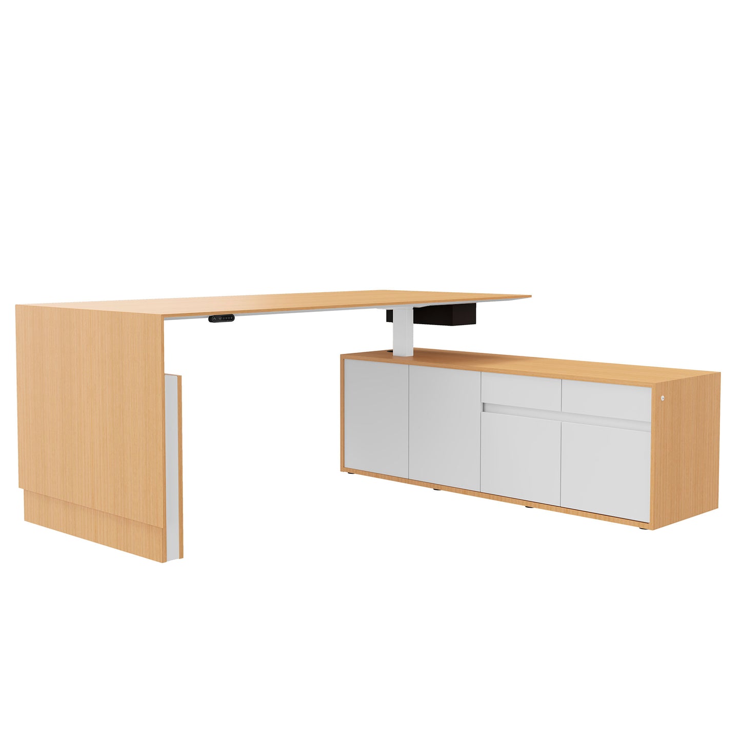 Motion 2-Motor Desk con sideboard | Regolabile elettricamente in altezza, 2000 x 1800 mm, impiallacciatura di quercia