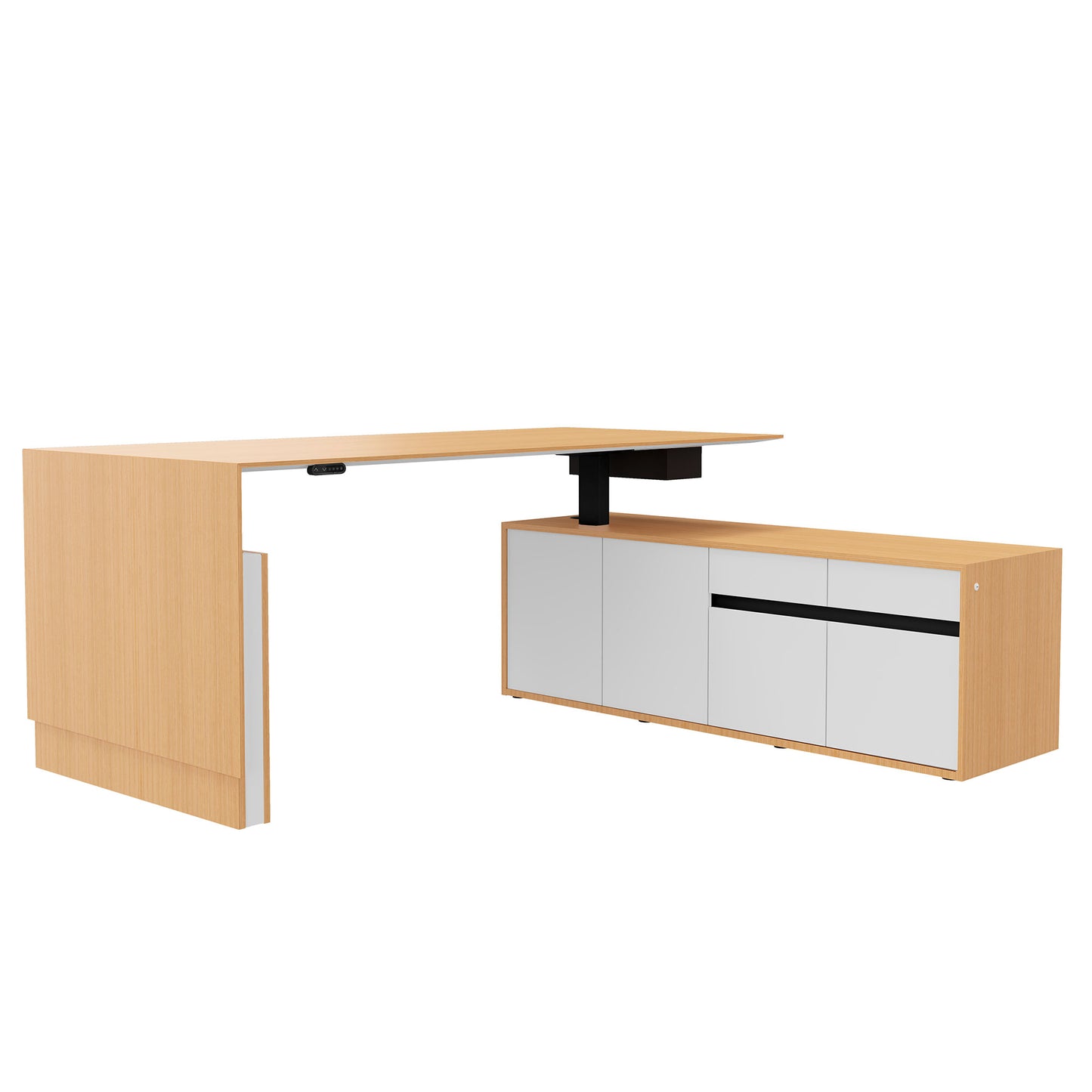 Motion 2-Motor Desk con sideboard | Regolabile elettricamente in altezza, 2000 x 1800 mm, impiallacciatura di quercia