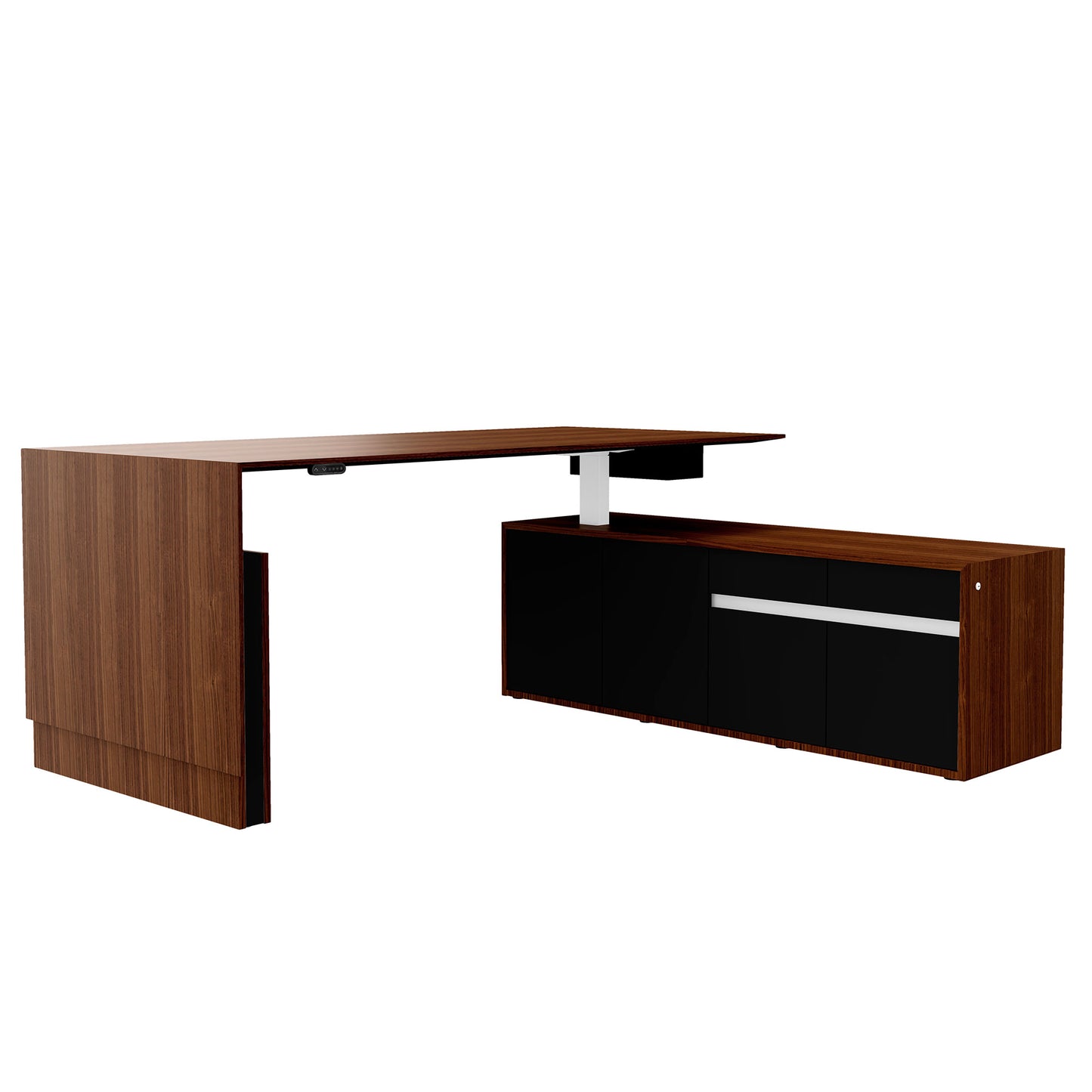 Bureau motorisé MOTION 2 avec buffet | Hauteur réglable électriquement, 2000 x 1800 mm, placage noyer