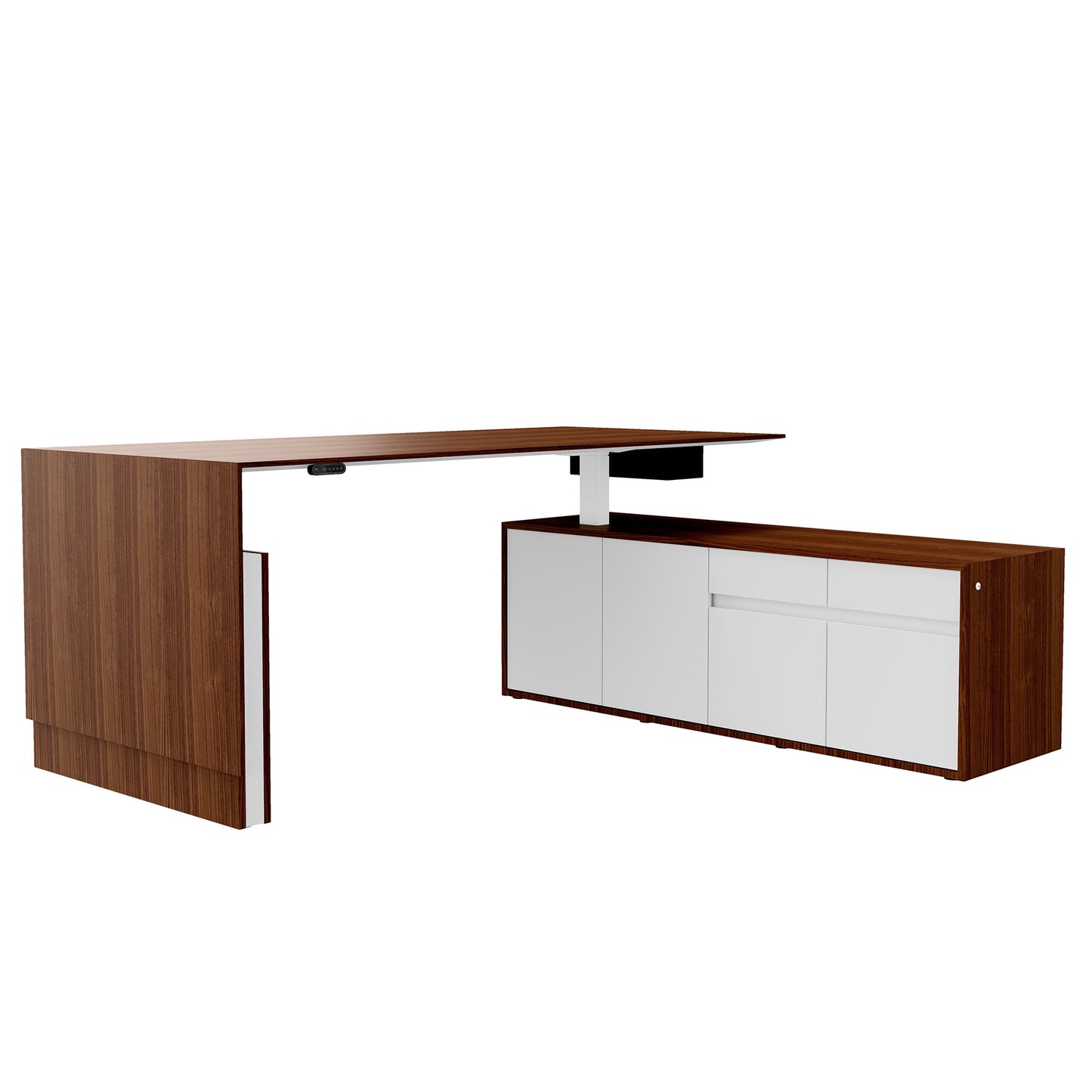 Bureau motorisé MOTION 2 avec buffet | Hauteur réglable électriquement, 2000 x 1800 mm, placage noyer