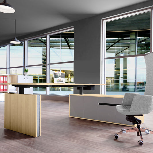 Motion 2-Motor Desk con sideboard | Regolabile elettricamente in altezza, 2000 x 1800 mm, cenere di sabbia