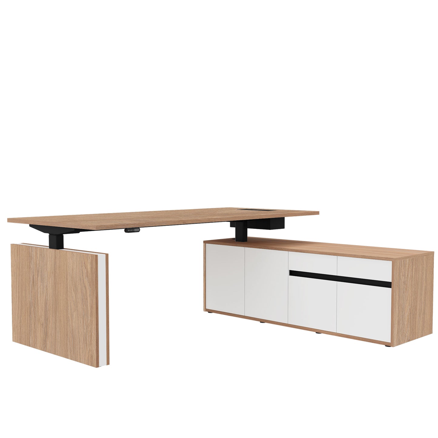 Bureau motorisé MOTION 2 avec buffet | Hauteur réglable électriquement, 2000 x 1800 mm, chêne ambré