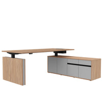 Bureau motorisé MOTION 2 avec buffet | Hauteur réglable électriquement, 2000 x 1800 mm, chêne ambré