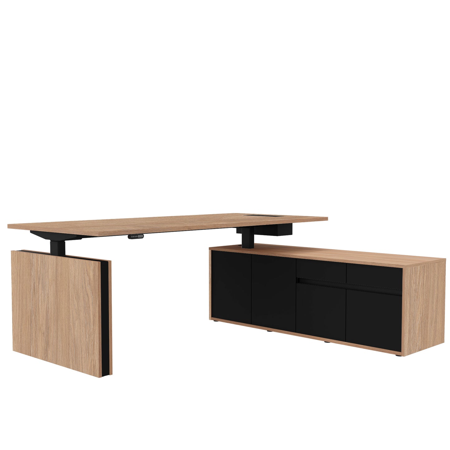 Bureau motorisé MOTION 2 avec buffet | Hauteur réglable électriquement, 2000 x 1800 mm, chêne ambré