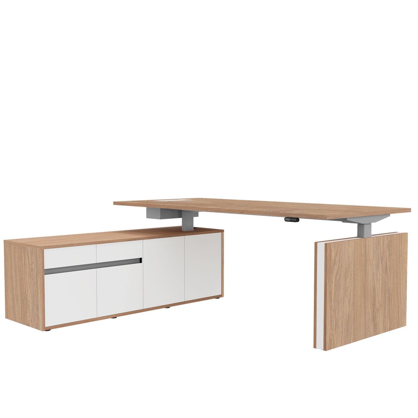 Bureau motorisé MOTION 2 avec buffet | Hauteur réglable électriquement, 2000 x 1800 mm, chêne ambré