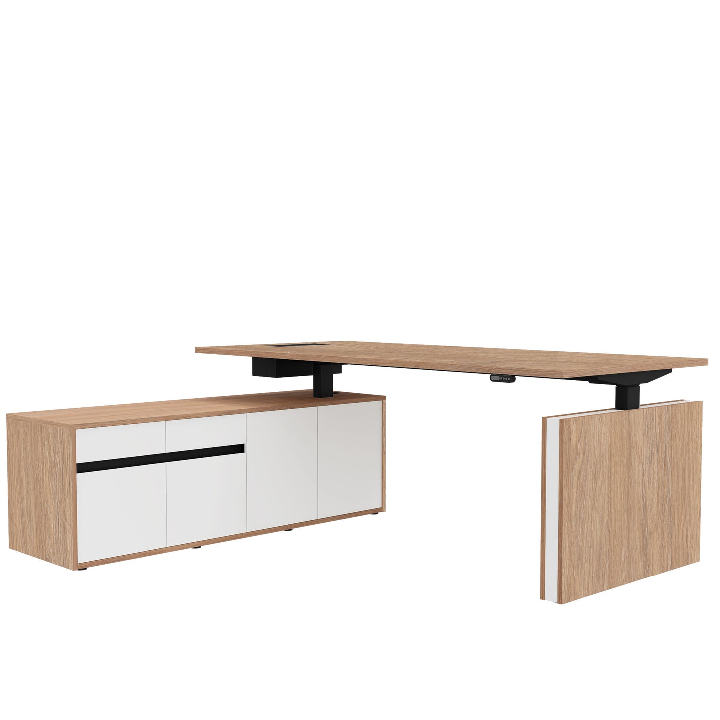 Bureau motorisé MOTION 2 avec buffet | Hauteur réglable électriquement, 2000 x 1800 mm, chêne ambré