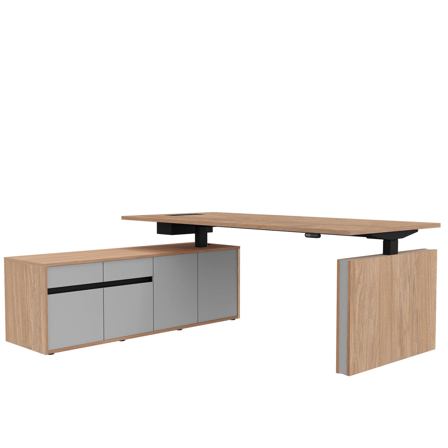 Bureau motorisé MOTION 2 avec buffet | Hauteur réglable électriquement, 2000 x 1800 mm, chêne ambré