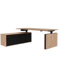 Bureau motorisé MOTION 2 avec buffet | Hauteur réglable électriquement, 2000 x 1800 mm, chêne ambré