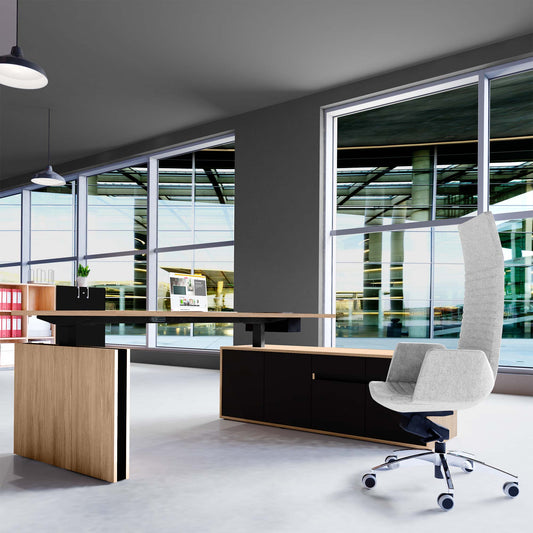 Motion 2-Motor Desk con sideboard | Regolabile elettricamente in altezza, 2000 x 1800 mm, quercia ambra