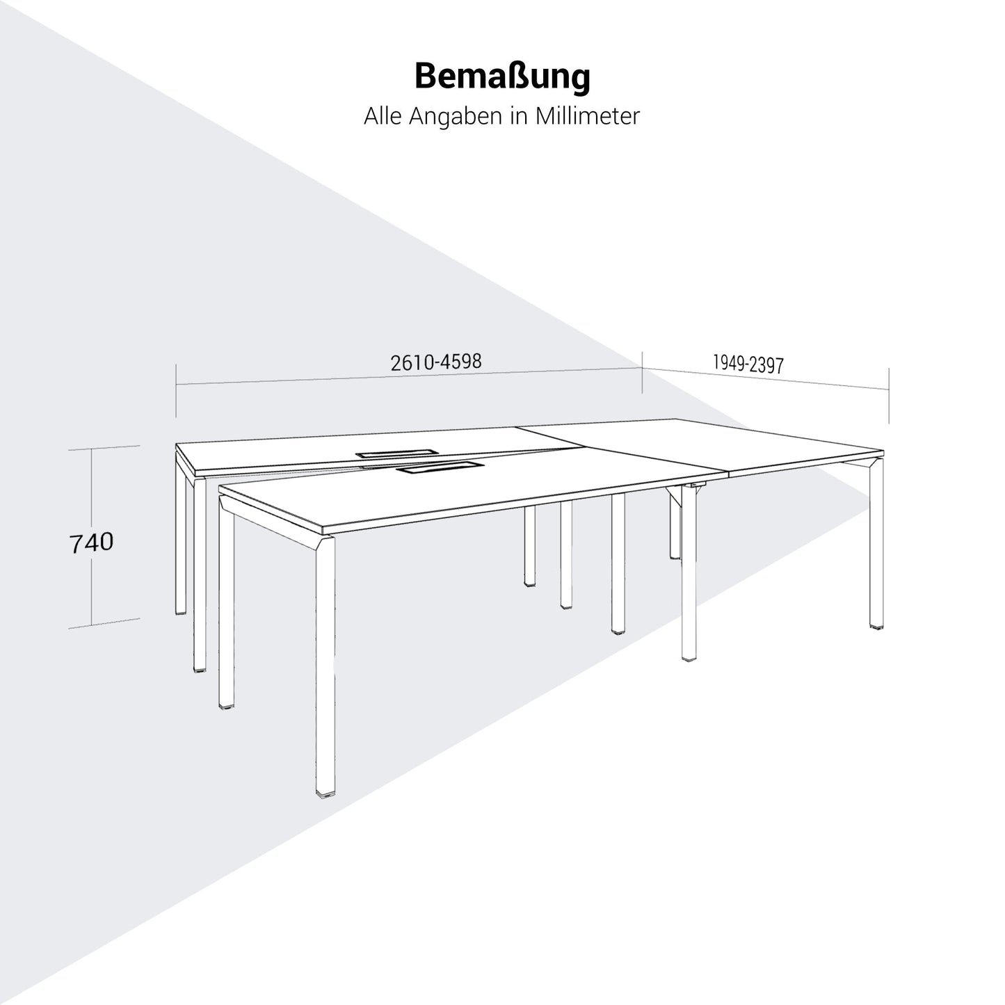 NOVA Konferenztisch | 2610-4598 mm, V-Form, optionale Elektrifizierung