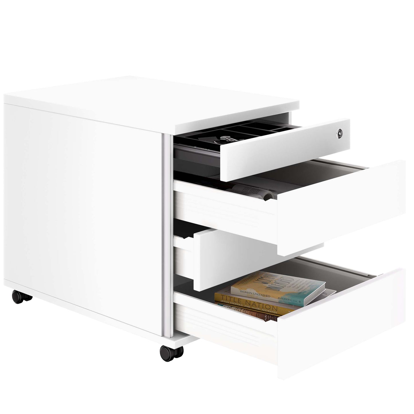 Nova roll container | 3 drawers + 1 small parts compartment, 600 mm deep, white