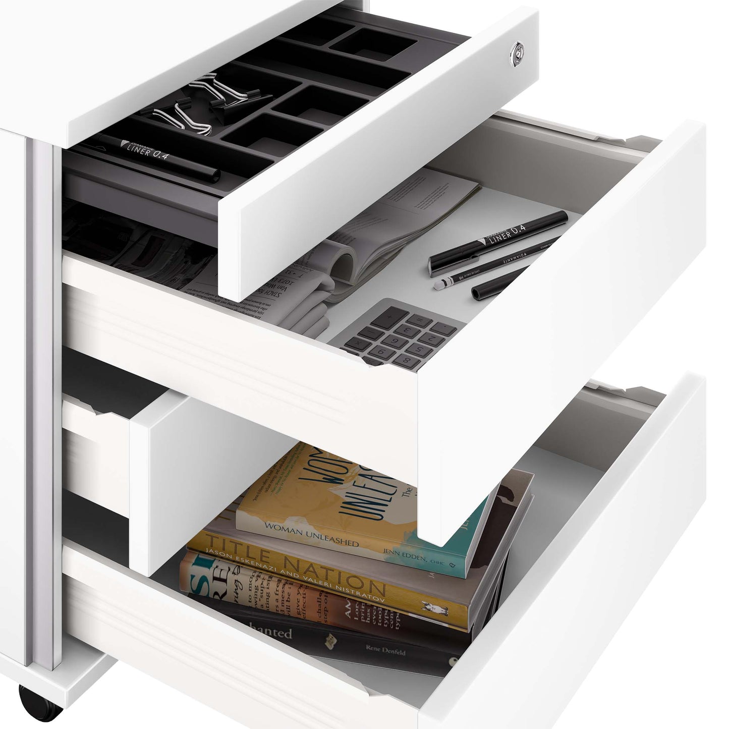 Nova roll container | 3 drawers + 1 small parts compartment, 600 mm deep, white