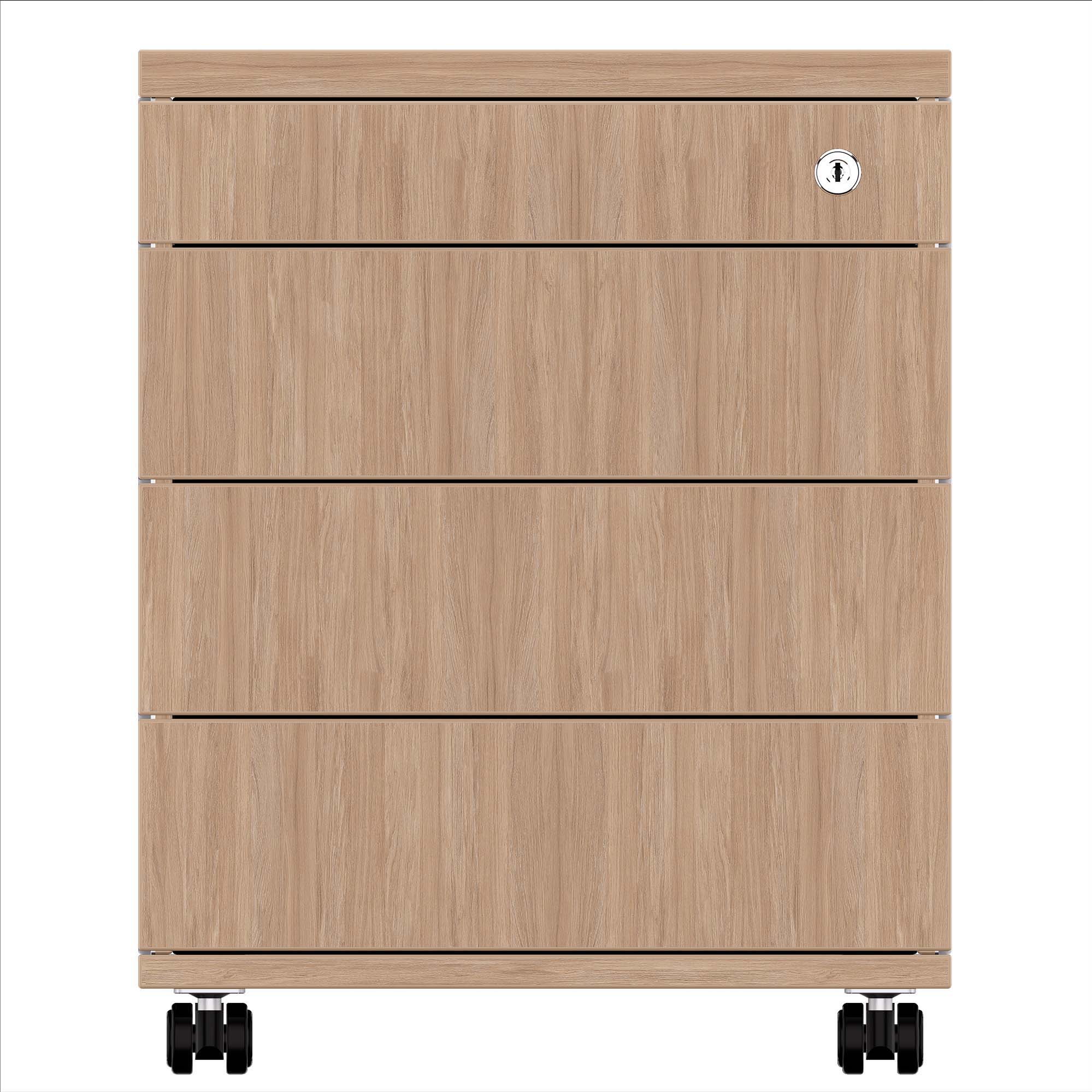 NOVA Roll container | 3 drawers + 1 small parts, 600 mm deep, amber oak