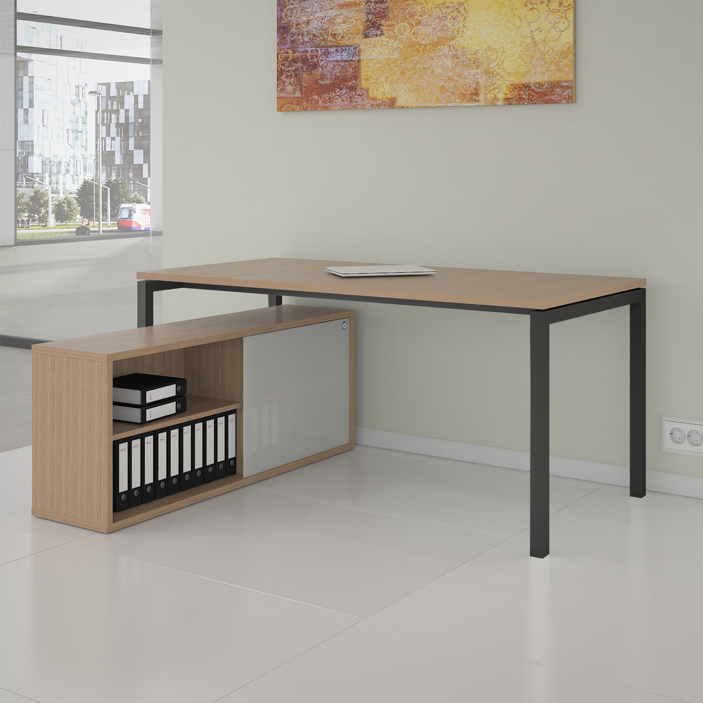 NOVA U Bureau en chef avec Lowboard | 2000 x 1382 mm, chêne ambre