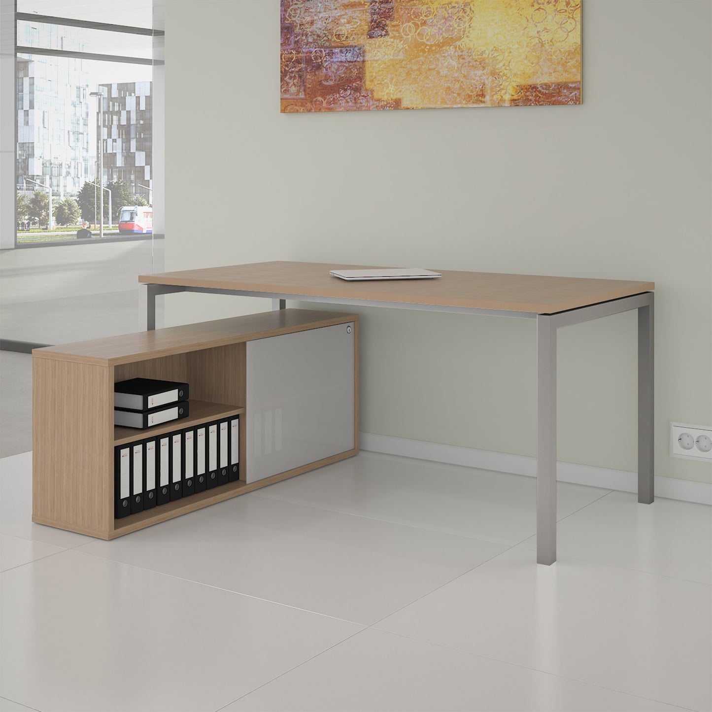 NOVA U Bureau en chef avec Lowboard | 2000 x 1382 mm, chêne ambre