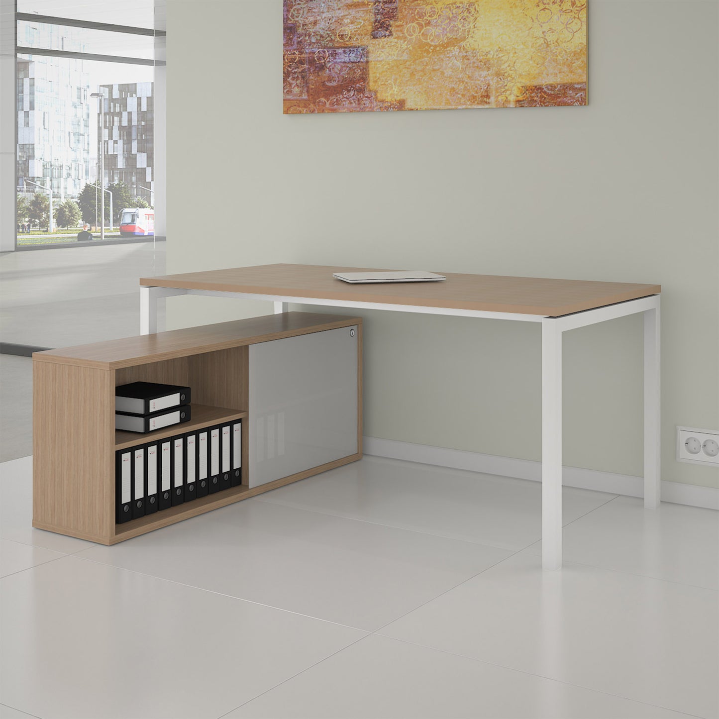 NOVA U Bureau en chef avec Lowboard | 2000 x 1382 mm, chêne ambre